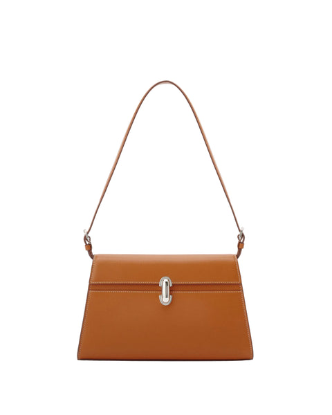 Brown handbag with a silver clasp on a white background