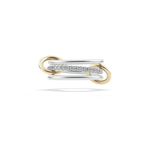 Ghost image of a Spinelli Kilcollin Sonny ring that features three 1.7mm sterling silver bands, one with pave gray diamonds, connected by two 18k yellow gold connectors.