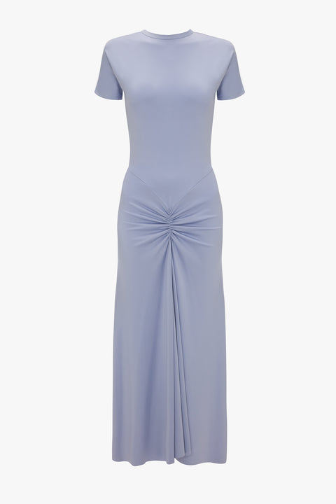 Blue short sleeve midi dress with pleat detail at front waist.