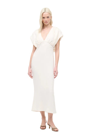 Woman wearing a white midi dress with v-neck on a white background
