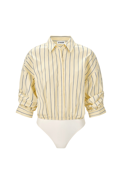 A pale yellow button-up shirt-styled bodysuit with thin vertical navy stripes, on a mannequin against a plain white background.