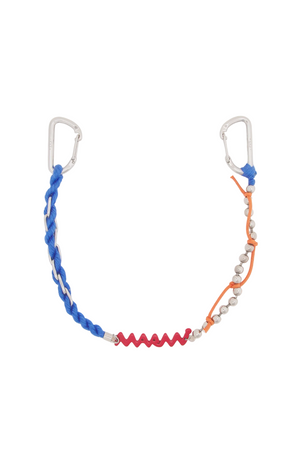 Multicolored rope with metal carabiners on a beige background