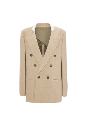 A beige double-breasted blazer with dark buttons, a white inner collar, and a green tie, displayed on a white background.