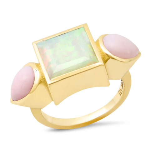 Yellow gold trilogy ring with opal and pink opal stones.