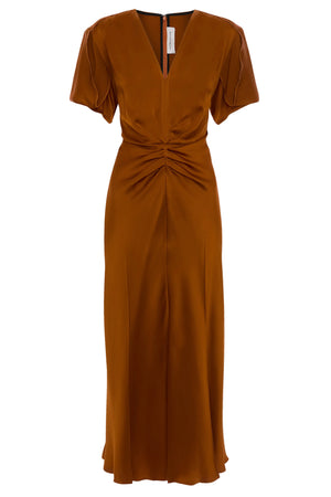 Burnt orange maxi dress with a V-neckline on a white background