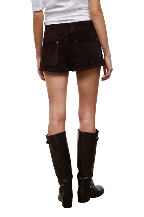 Rear view of a model wearing dark brown suede shorts and tall dark brown knee-high boots against a plain white background.