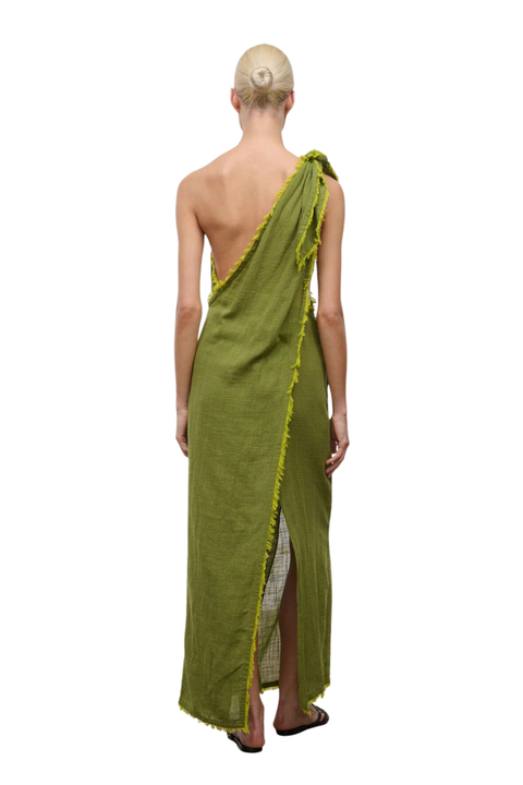 Woman wearing a green one-shoulder midi cover up dress back angle