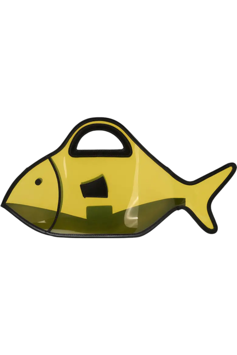 Yellow clear fish-shaped bag with leather accents on a white background back