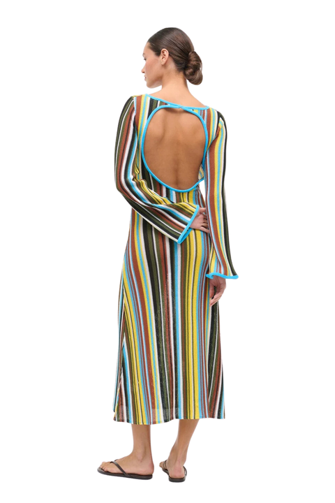 Woman wearing a multicolored striped crochet maxi dress on a white background back angle