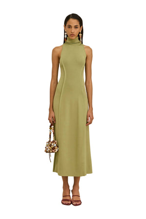 Woman wearing a green high neck maxi dress against a white background.
