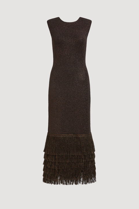 Dark brown dress with frayed fringe hem on a light gray background