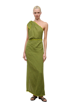Woman wearing a green one-shoulder midi cover up dress front angle
