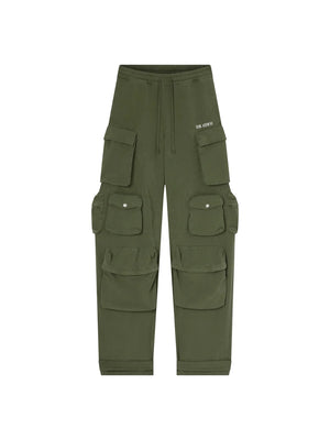 Green cargo pants with multiple pockets on a white background