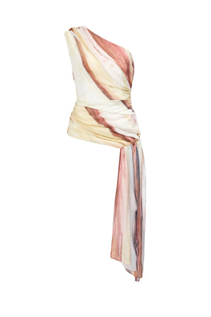 One-shoulder dress with multicolor pattern on a light gray background