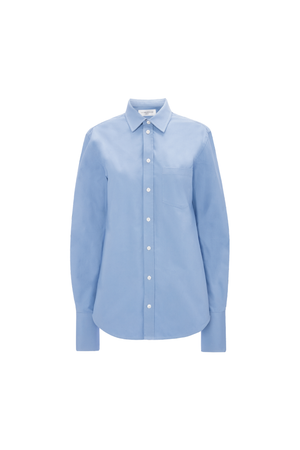 A light blue waist-length button down with white buttons on a white background