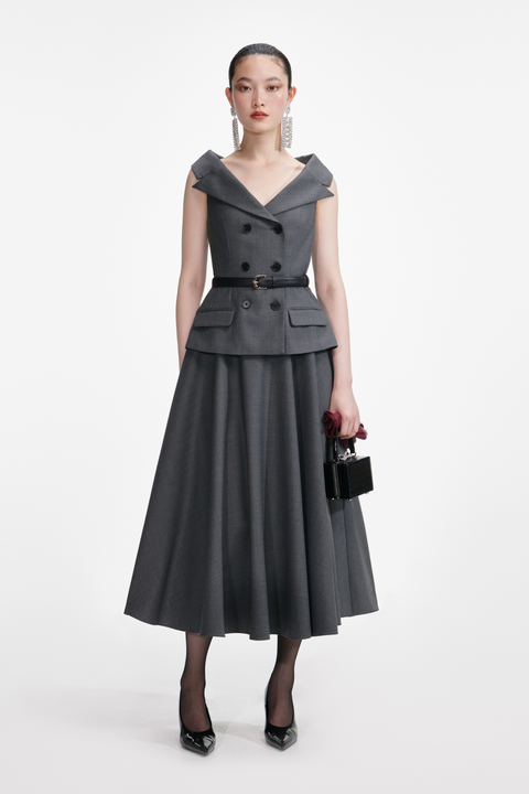 Grey Wool Tailored Midi Dress