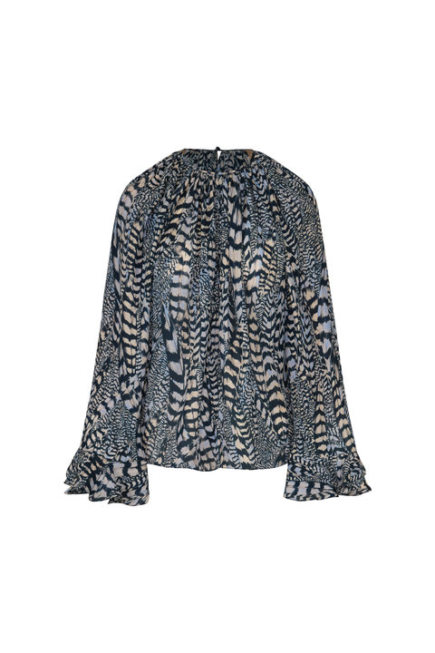 A long-sleeve blouse with a gathered, ruffled neckline and a blue and beige abstract animal-print pattern, shown against a plain white background.