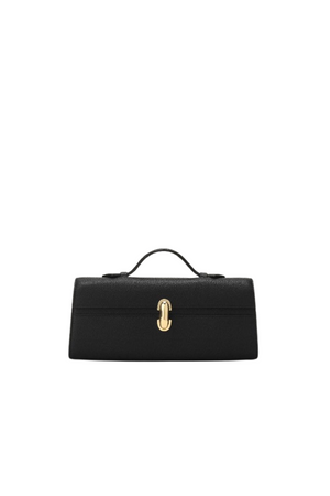 A black, grained calf leather clutch that features a small top handle and gold hardware.