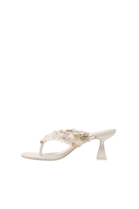 White heeled thong flip flop sandal with beaded embellishments side angle