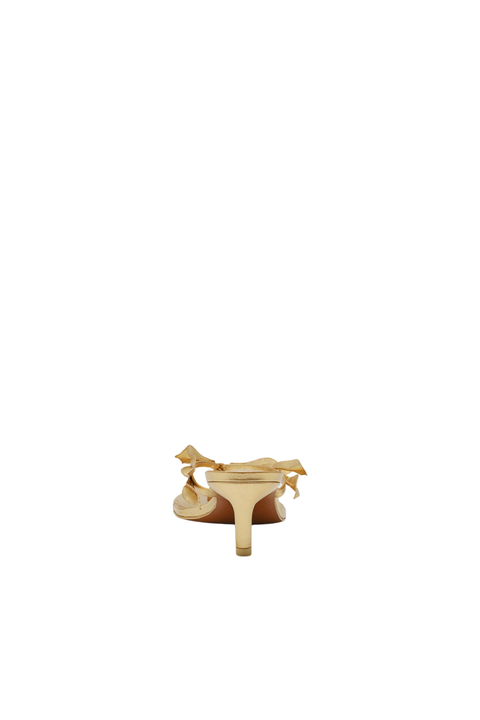 Gold mid heeled thong flip flop sandal with gold leaves back angle