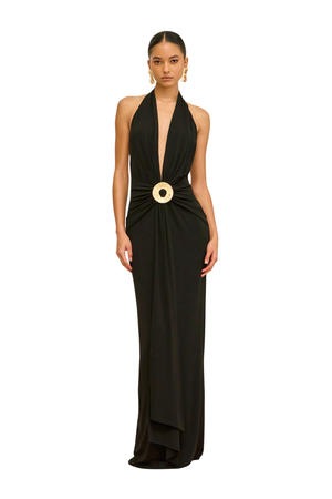 Black low cut halter neck gown with gold hardware on a white background