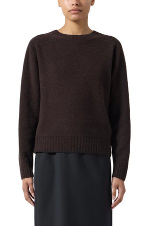Person wearing a brown crewneck sweater and black skirt on a white background
