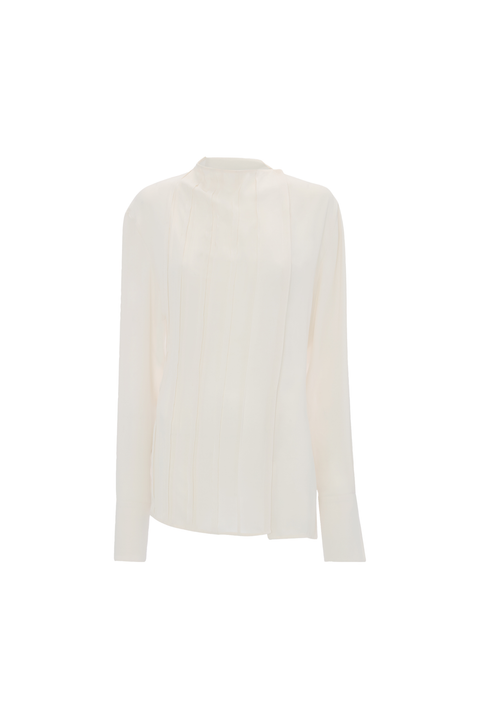 An off-white long-sleeve blouse with a high mock neck and subtle vertical pleating, shown against a plain white background.