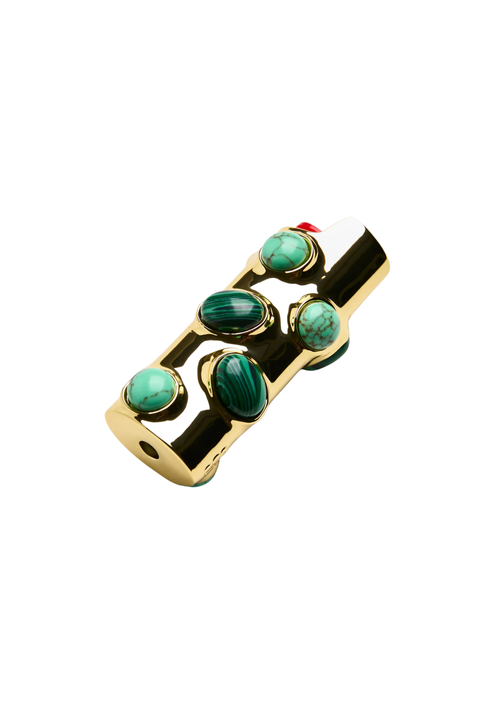 Gold lighter case with green colored stones