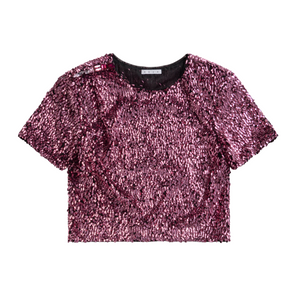 Pink sequin cropped t-shirt that features a gemstone detail on one shoulder.