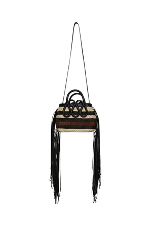 A small woven handbag with stripes and tassels on each side. Has a crossbody strap and woven handles