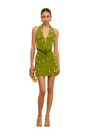 Woman wearing a green low cut halter mini dress with droplet embellishments on a white background