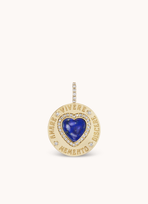 Yellow gold circle charm with Greek words surrounding a blue lapis heart.