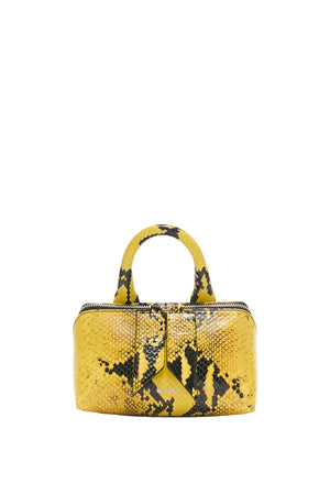 Yellow handbag with black snake print pattern on a white background
