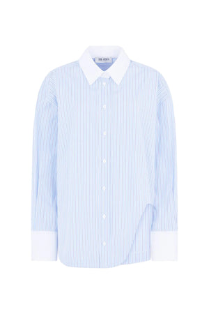 Light blue striped shirt with white collar on a light gray background