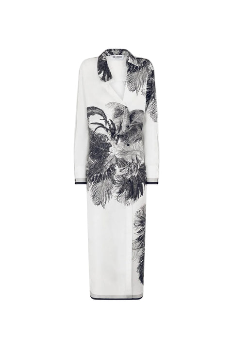 White maxi shirt dress with black feather pattern on a white background
