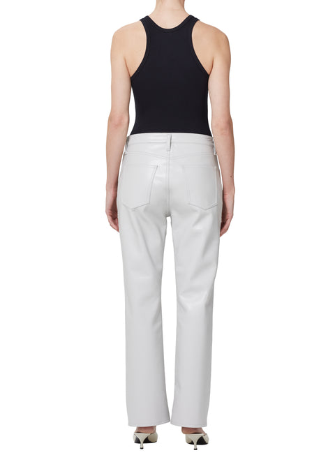 Black bodysuit and mid-rise white denim