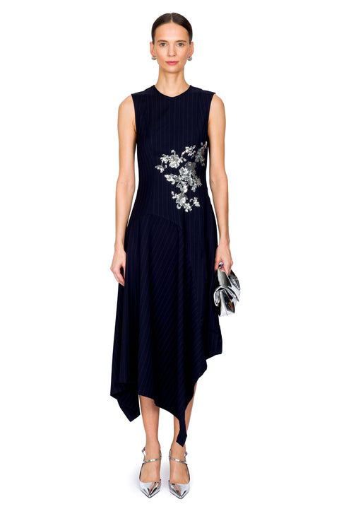 Pinstripe Wool Sleeveless Dress With Embroidery