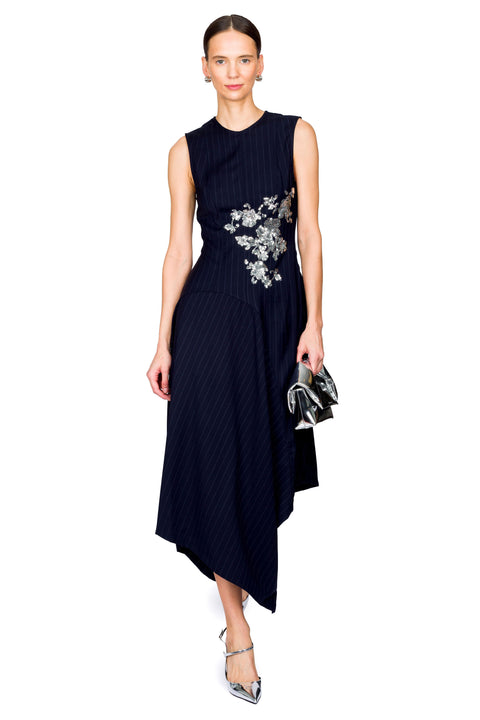 Pinstripe Wool Sleeveless Dress With Embroidery