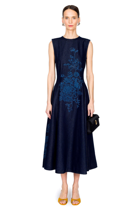 Flower Motif Denim Sleeveless Midi Dress