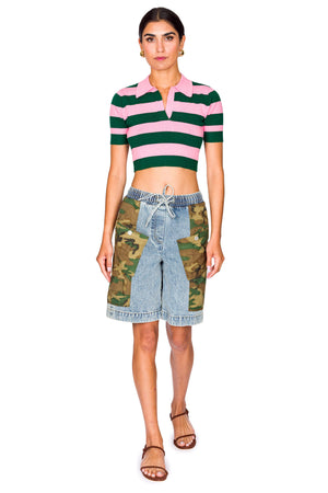 Leather Belt Back Cut-Out Short Sleeve Knitted Top