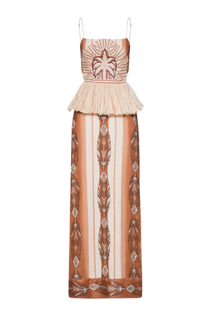 A taupe linen maxi dress with palm tree embroidery and raffia fringe