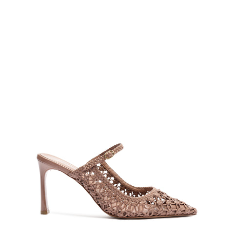 Side view of leather mule with lattice detail.