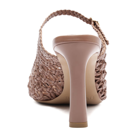 Back of heel on nude brown leather heel.