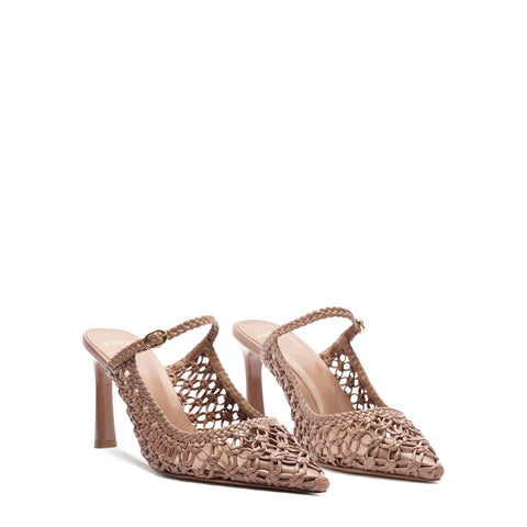 Pari of nude brown leather heels with top buckle strap.