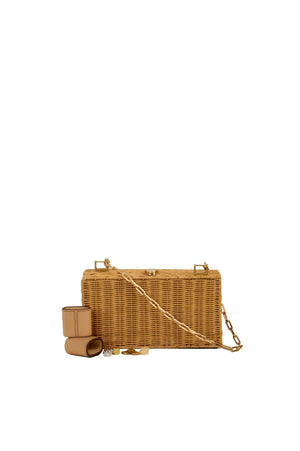 Wicker handbag with a chain strap on a white background