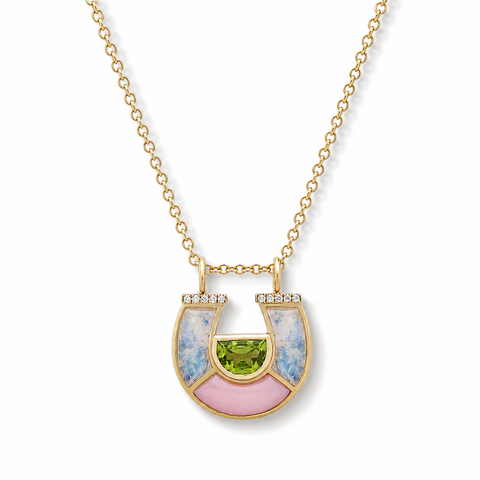 Peridot, Moonstone, Pink Opal & Diamond Horseshoe Necklace