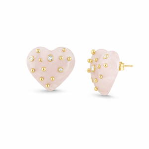 Carved Rose Quartz Studded Heart Earrings