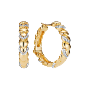 Gold hoop earrings with diamond accents on a white background