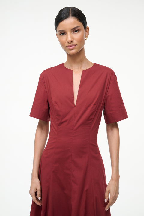 Woman wearing a red dress against a white background