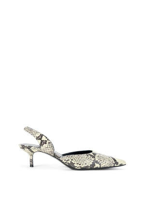 Side profile of a white snake print slingback kitten heel.